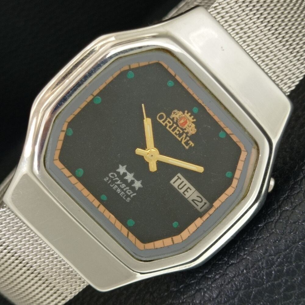 Vintage 1985 Square Orient Automatic Mens Silver Watch W/daydate & Gold accents